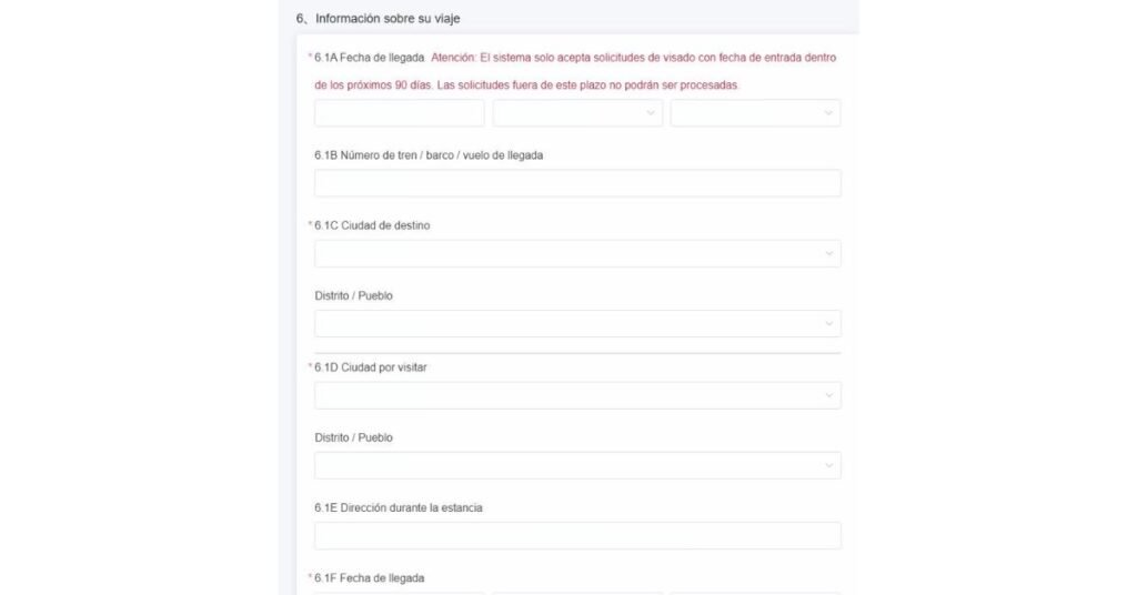 Formulario Visa China. Datos del viaje