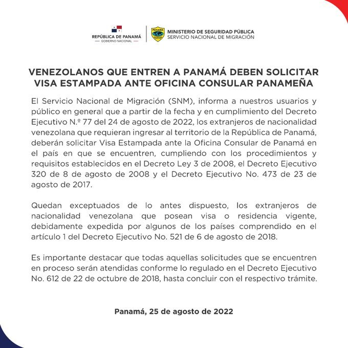 Comunicado de Migración panamá donde exige visa a Venezolanos