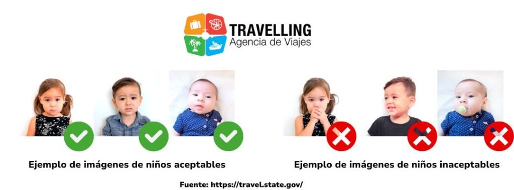 ejemplos de fotos correctas e incorrectas de niños para solicitud de visa americana