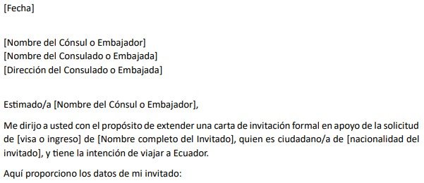 ejemplo de formato de carta de invitacion para viajar a ecuador.