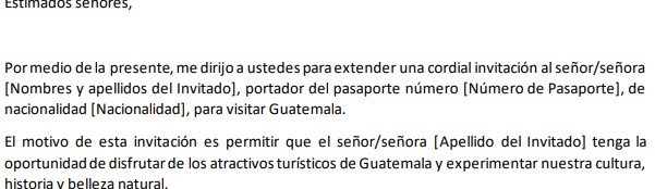 Modelo de carta de invitación para viajar a Guatemala